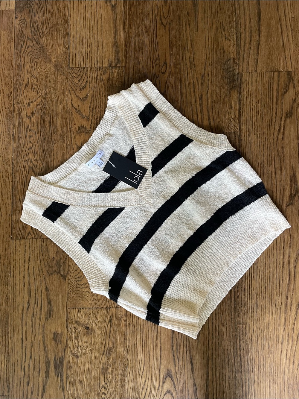 lola Black & Ivory Striped V-Neck Knit Vest - Size L